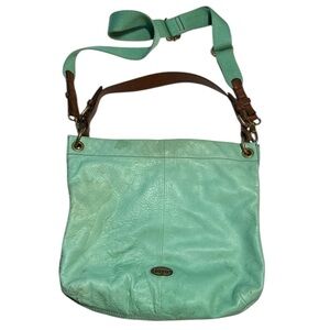 Fossil Explorer leather hobo bag turquoise top handle & crossbody 14”x12.5”